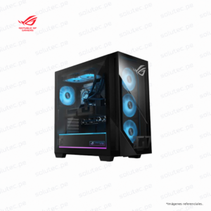 PC Gaming ASUS ROG en vista lateral con componentes internos e iluminación RGB