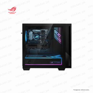 PC Gaming ASUS ROG en vista lateral con componentes internos e iluminación RGB