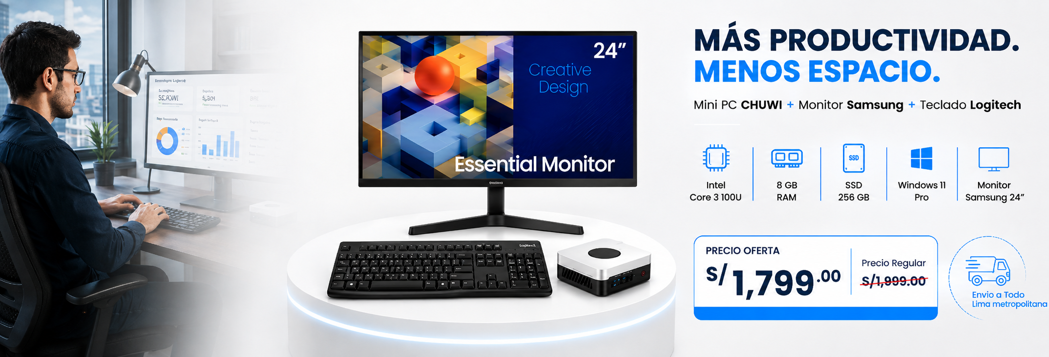 Combo Mini PC CHUWI con monitor Samsung 24 pulgadas y teclado Logitech | Solutec P & K
