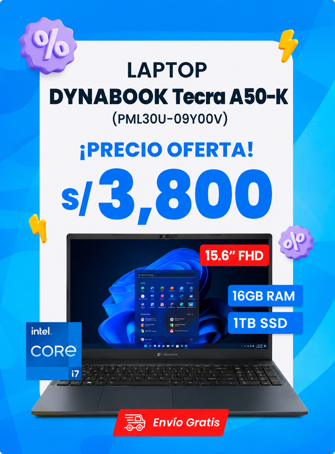 Dynabook Tecra A50-K con Intel Core i7, 16 GB de RAM, SSD de 1 TB y Windows 11 Pro.